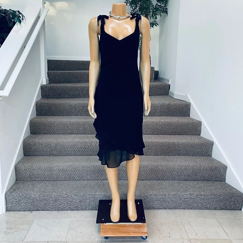 New Gorgeous Evan Picone Black Bow Straps Flowy Layers Cocktail Party MIDI Dress